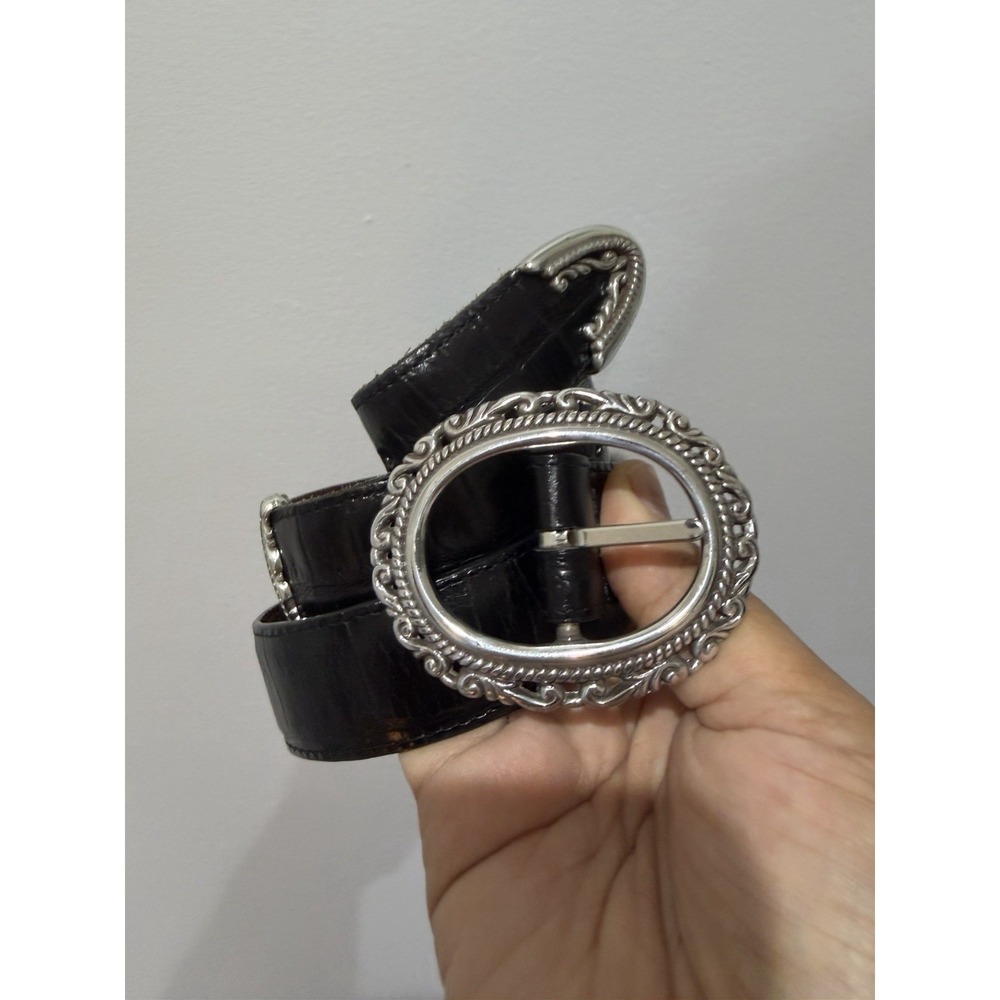 Brighton Reversible Black Brown Leather Belt Silver Filigree‎ Buckle Sz S